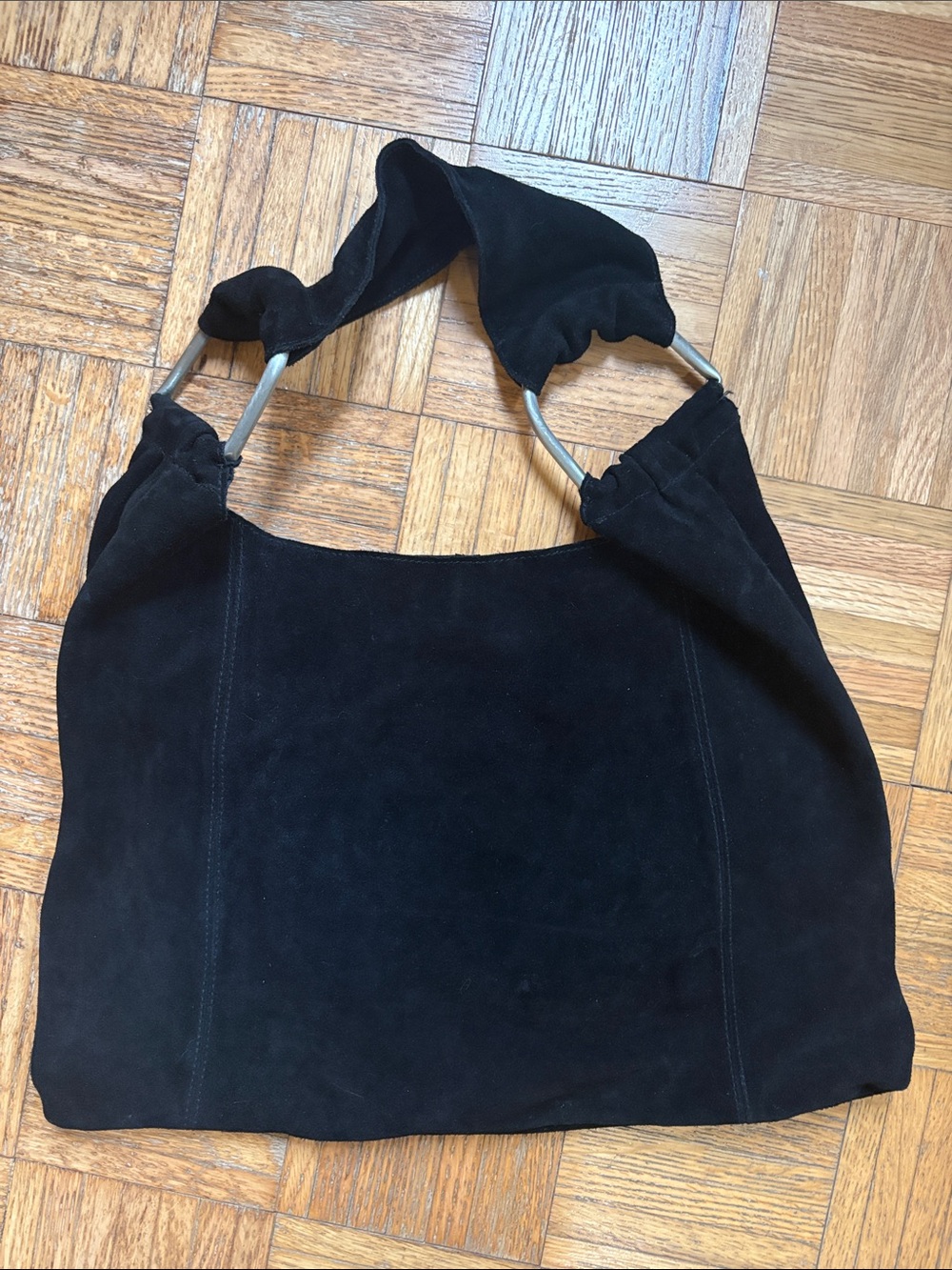 Free People Black Suede Hobo Bag with Metal Ring Detail